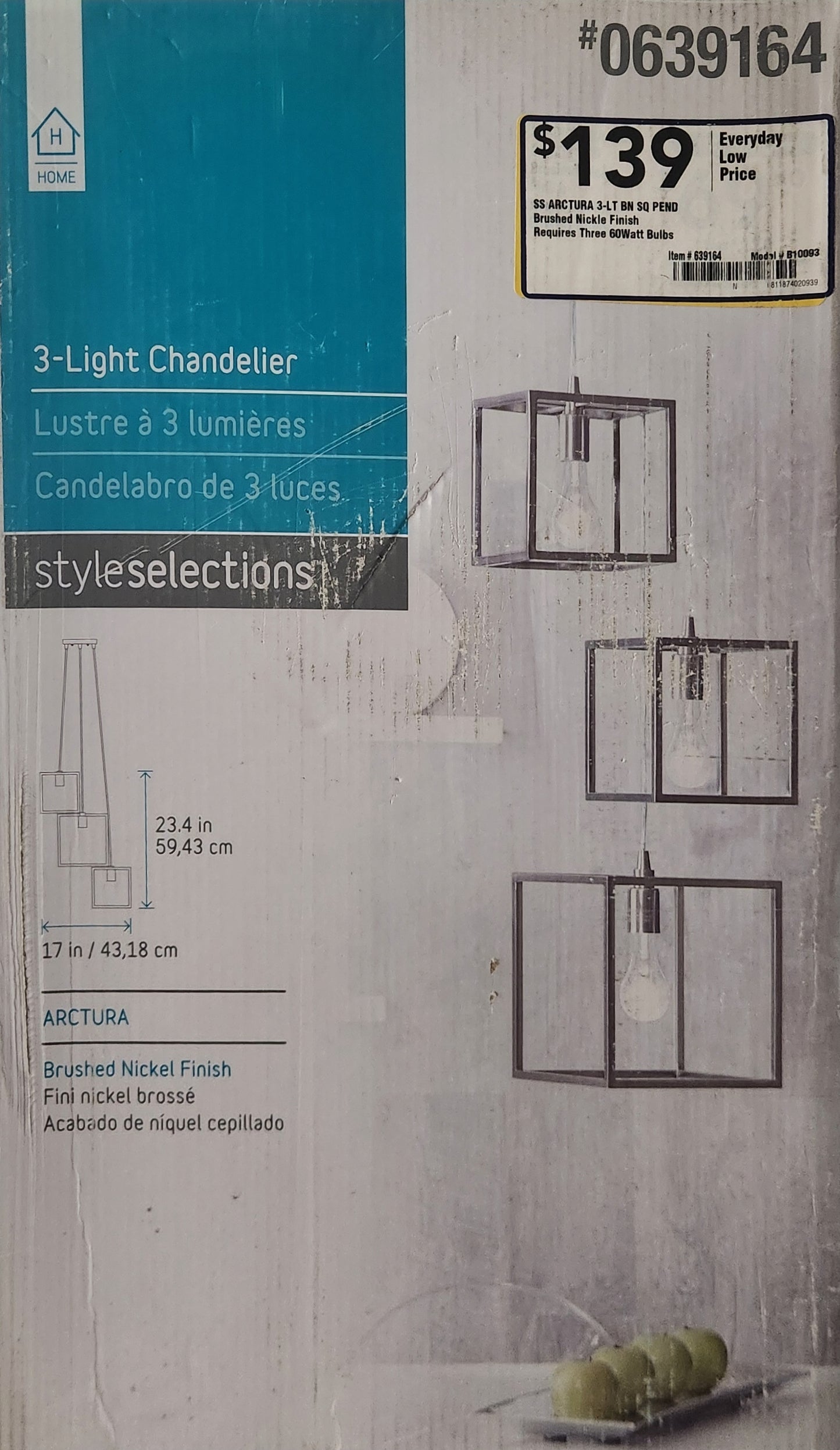 3-Light Chandelier, Brush Nickle Finish, Arctura