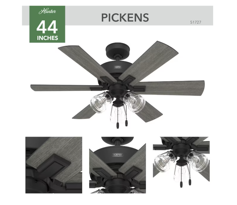 Hunter Pickens 44-in Matte Black Indoor Ceiling Fan with Light (6-Blade)